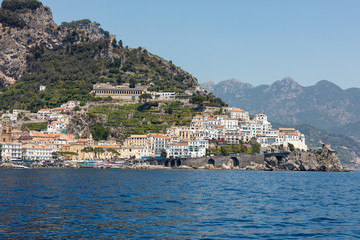 Fototapeta na wymiar Amalfi seen from the sea on Amalfi Coast in the region Campania, Italy
