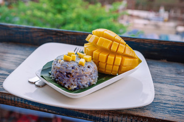 A beautiful healthy breakfast of sticky rice with fresh mango slices, an Asian breakfast in Laos. Sweet, sticky, purple rice with fresh mango slices. Asian cuisine. Healthy Eating
