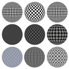 A set of spheres with squares, circles, stripes