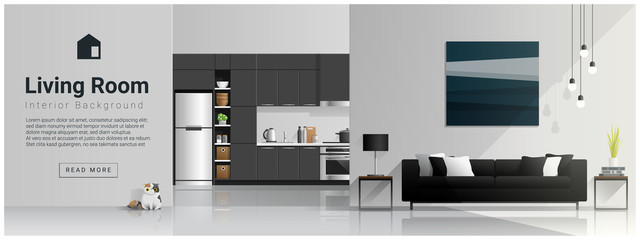 Interior design with modern living room and kitchen background , vector , illustration