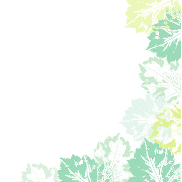 Banner template with corner decoration element made of natural leaf prints, vector illustration isolated on white background. Banner decorated with hand printed prints of spring summer leaves