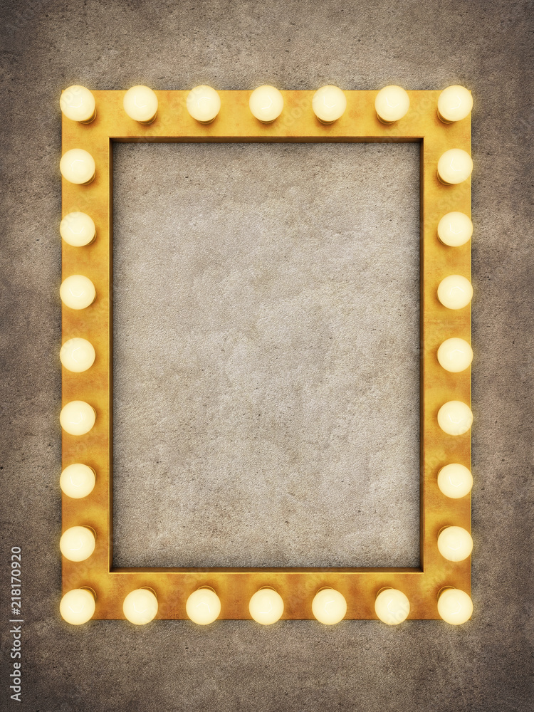 Canvas Prints golden frame with light bulbs on concrete background. 3d rendering