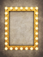 Golden frame with light bulbs on concrete background. 3D rendering - 218170920