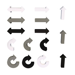 Set of arrows. 3D. Black, white and grey Vector illustration
