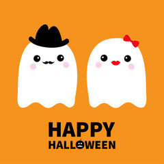 Happy Halloween. Ghost spirit family couple with lips, mustaches. Scary white ghosts family. Cute cartoon character. Smiling spooky face, hat, bow. Orange background. Greeting card Flat design.