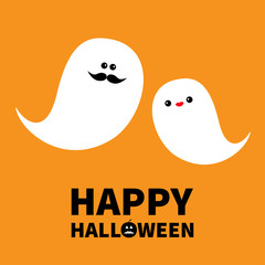 Ghost spirit family set with lips, mustaches. Happy Halloween. Scary white ghosts family. Cute cartoon character. Smiling spooky face cheeks Orange background. Greeting card Isolated Flat design.