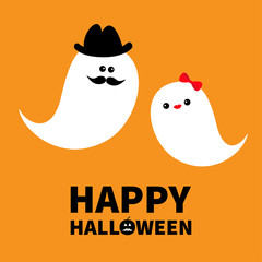 Happy Halloween. Ghost spirit family set with lips, mustaches. Scary white ghosts family. Cute cartoon character. Smiling spooky face, hat, bow. Orange background. Greeting card Isolated Flat design.
