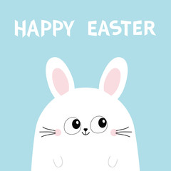 Happy Easter. White bunny rabbit head face. Funny head face. Big eyes. Cute kawaii cartoon character. Baby greeting card template. Blue background. Flat design.