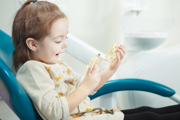 Child plays with artificial human jaw in dentist chair