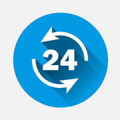 Vector image round the clock. 24 hours on blue background. Flat image 24 hour support icon with long shadow. Layers grouped for easy editing illustration. For your design.