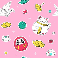 Japan talisman seamless pattern on pink background. Hand drawn vector image.