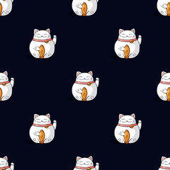 Manekineko cat seamless vector pattern on dark background. Fabric pattern. 