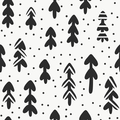 Winter forest seamless vector pattern. Hand drawing print with fir tree and snow for wallpaper, wrapping, textile, poster, fabric