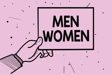 Word writing text Men Women. Business concept for The state where in a boy or a girl turns to be a mature adult Man hand holding paper communicating information dotted purple background.