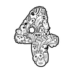 Hand drawn doodled kids numbers. Cute monstred numbers, math symbols.