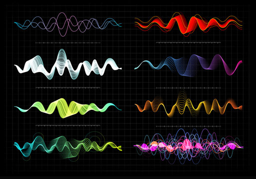 Equalizer Vector Illustration. Abstract Wave Icon Set For Music And Sound. Pulsation Color Wavy Motion Lines On Black Background. Radio Frequency Graph. Graphic Digital Voice. Stock Rate Line.