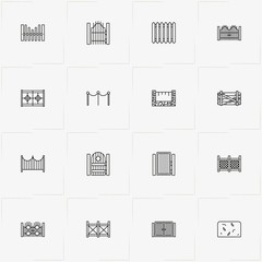 Fences And Wickets line icon set with fence, wicket and gate