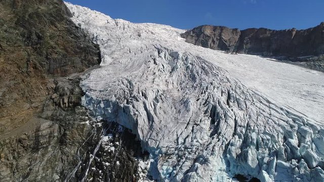 Glacier in high mountain, aerial view.
Fellaria glacier in Valmalenco, Valtellina