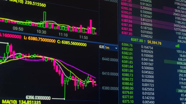 Bitcoin cryptocurrency price chart going up and down on digital market exchange