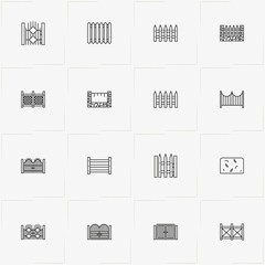 Fences And Wickets line icon set with gate, fence and wicket