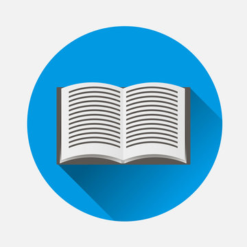 Vector icon of  open book on blue background. Flat image book icon with long shadow. Layers grouped for easy editing illustration. For your design.
