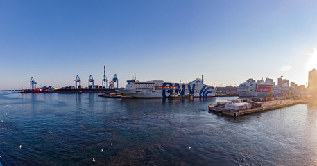 Fototapeta na wymiar GENOA, ITALY - JULY 23, 2018: Ferry ship in the port of Genoa, Italy.
