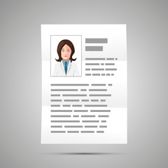Doctor CV with woman photo, A4 size document icon with shadow on gray