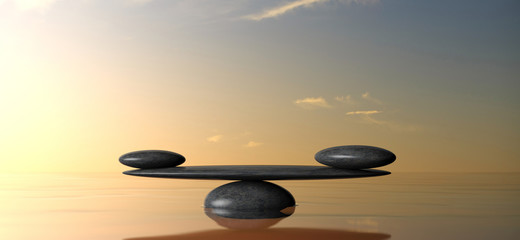 Fototapeta na wymiar Zen balancing stones on water, sky on sunset background. 3d illustration
