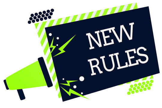 Conceptual hand writing showing New Rules. Business photo showcasing A state of changing an iplemented policy for better upgrade Megaphone green striped frame important message speak loud.