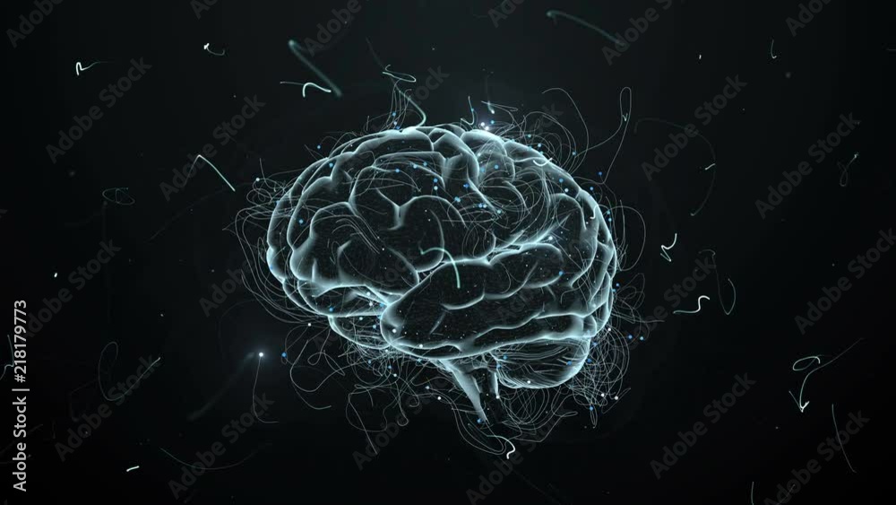 Poster 3d render abstract background with brain that surrounded with particles with twisted trails. trails 