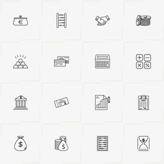 Finance line icon set with money bag, gold bar and invoice