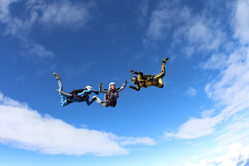 Skydiving. Two instructors are training a student to fly.