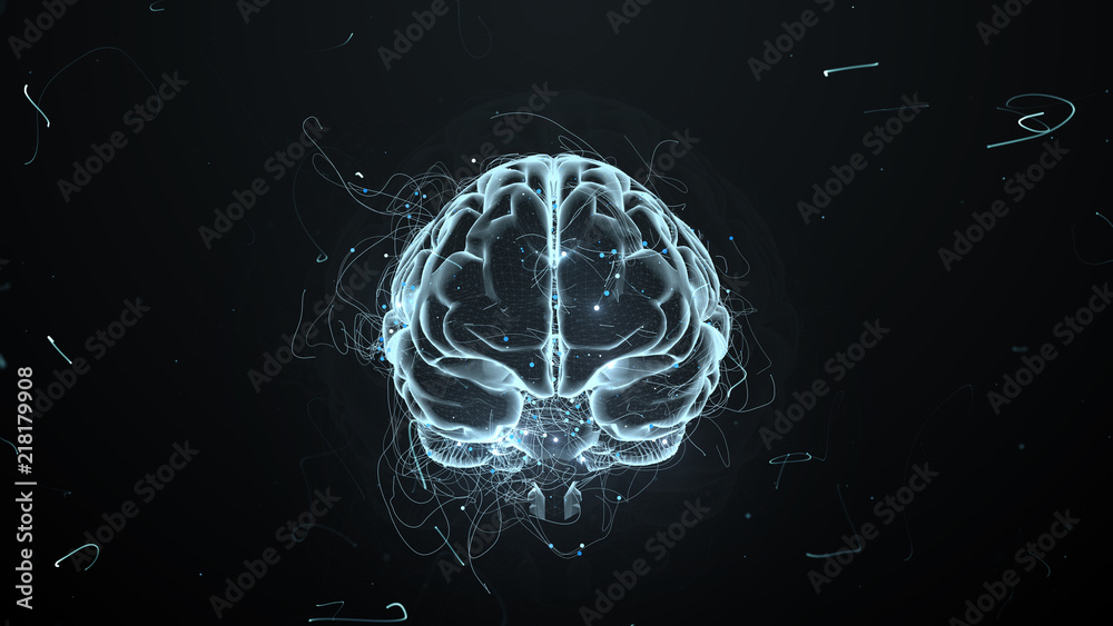 Poster 3d render abstract background with brain that surrounded with particles with twisted trails. trails 
