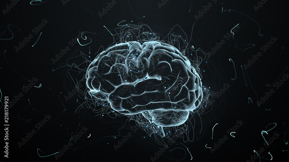 Poster 3d render abstract background with brain that surrounded with particles with twisted trails. trails 