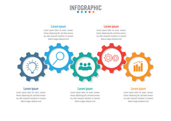 Business infographic template with 5 options gear shape, Abstract elements diagram or processes and business flat icon, Vector business template for presentation.Creative concept for infographic. - obrazy, fototapety, plakaty