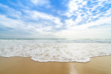 Sea view from tropical beach. Summer paradise beach of island with clouds on horizon. Ocean beach relax, outdoor travel.