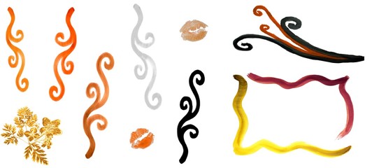 Orange and yellow curly hand drawn decorative design set of elements