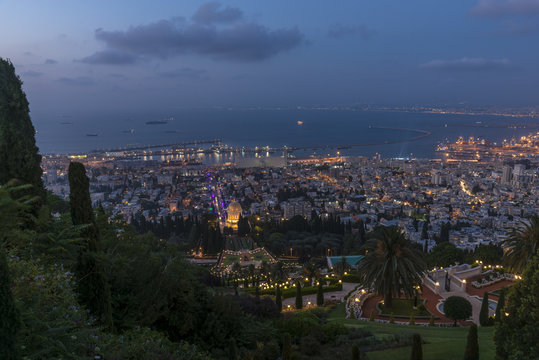 Bahai shrine in Haifa city at night