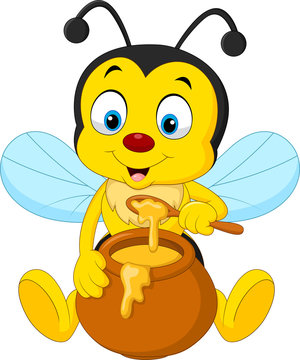 Cartoon bee with honey pot