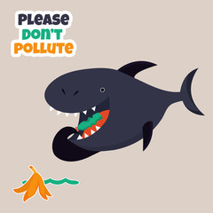 Eco poster Stop pollution with cartoon shark
