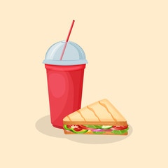 Delicious panini and soda water in a red cup - cute cartoon colored picture. Graphic design elements for menu, poster, ad. Vector illustration of fast food for bistro, snackbar, cafe or restaurant.