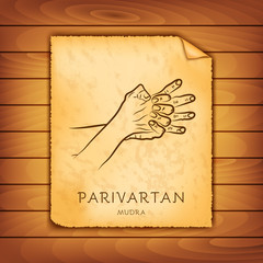 Ancient papyrus with the image of Parivartan-mudra on a wooden background. Symbol in Buddhism or Hinduism concept. Yoga technique for physical and mental health. Vector illustration.