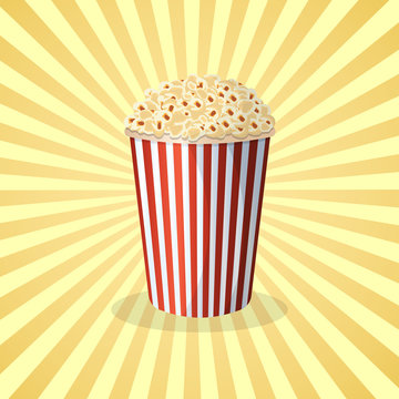 Popcorn in striped bucket - cute cartoon colored picture. Graphic design elements for menu, packaging, advertising, poster, brochure or background. Vector illustration of fast food.