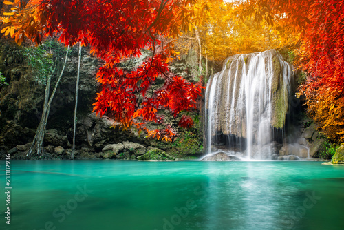 Amazing Beauty Of Nature Waterfall At Colorful Autumn
