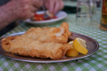 Filetti di Baccalà, fried salt cod filets, traditional Roman dish. Selective focus
