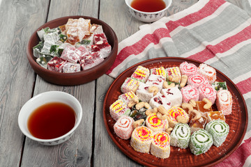 Turkish delight on a wooden table.