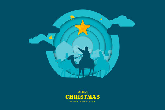 Merry Christmas and Happy New Year. Christmas composition in paper art and digital craft style. Background for covers, invitations, posters, banners, flyers, placards . Vector illustration EPS10.