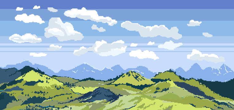Pixel art background. Location with mountains, grass and clouds. Landscape for game or application. Outdoor concept. Vector sky with clouds pixel art background. vector pixel art clouds collection.