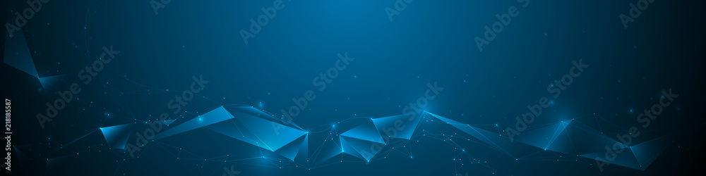 Aufkleber Abstract banner Molecules with Line, Geometric, Polygon,Triangle pattern. Vector design network communication technology on dark blue background. Futuristic digital, science technology concept