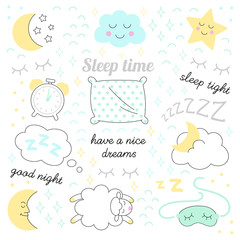 Sleep time sketch icons set isolated vector.